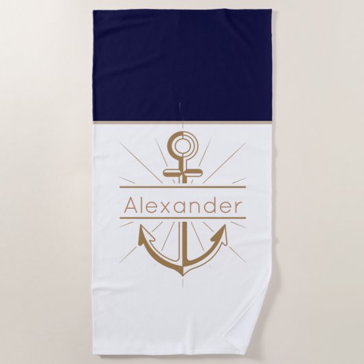 Serviette De Plage Ancre rouge côtière Nom du monogramme nautique (Devant)