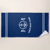 Serviette De Plage Ancre Seahorse avec nom de bateau sur Navy Blue (Devant)