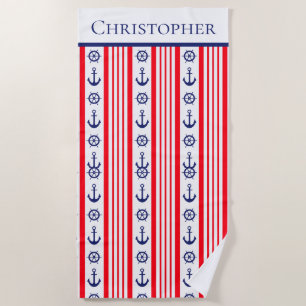 Serviette De Plage Ancres et navires nautiques rouges blancs et bleus