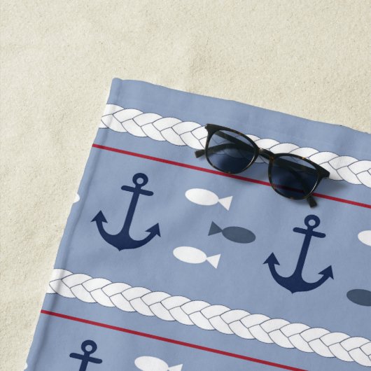 Serviette De Plage Ancres marines bleues blanches rouges blanches per (En situation)