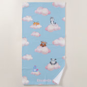 Serviette De Plage Animaux Pastel Mignons Sur Les Nuages Monogramme (Devant)