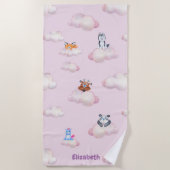 Serviette De Plage Animaux Pastel Mignons Sur Les Nuages Monogramme (Devant)