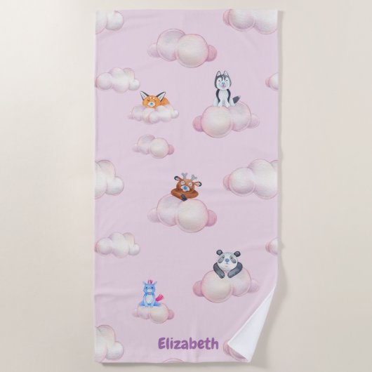 Serviette De Plage Animaux Pastel Mignons Sur Les Nuages Monogramme (Devant)