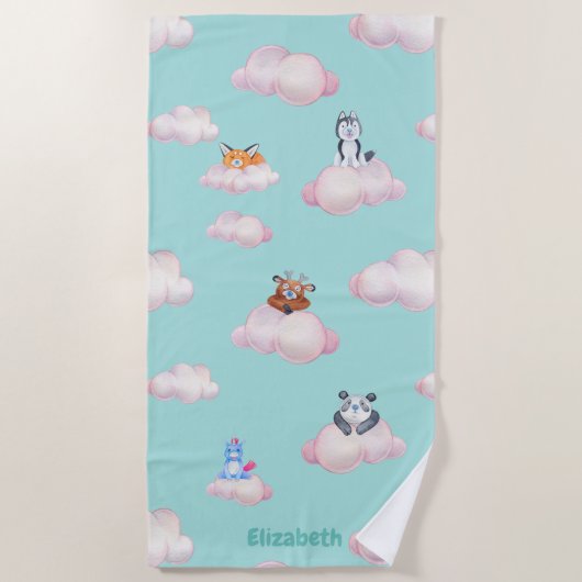 Serviette De Plage Animaux Pastel Mignons Sur Les Nuages Monogramme (Devant)