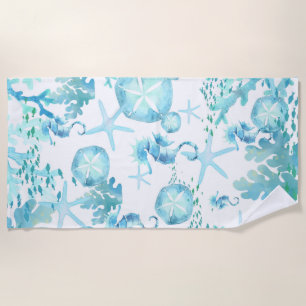 Serviette De Plage Aqua Bleu Coques de mer Sanddollars Starfish