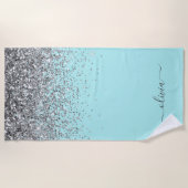 Serviette De Plage Aqua bleu sarcelle argent paillettes monogramme (Devant)