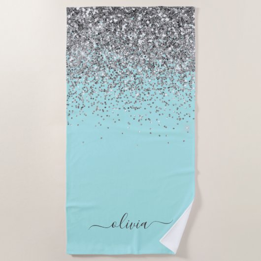 Serviette De Plage Aqua bleu sarcelle argent paillettes monogramme (Devant)