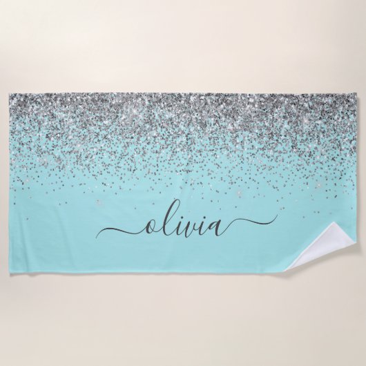 Serviette De Plage Aqua bleu Turquoise Parties scintillant argent Mon (Devant)