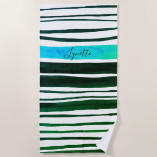 Serviette De Plage Aqua noir, bleu, rayures peintes en vert