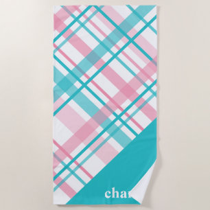 Serviette De Plage Aqua rose bleu pastel plaid nom personnalisé motif