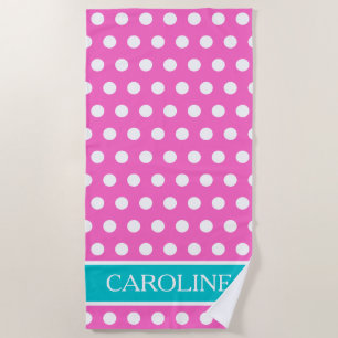 Serviette De Plage Aqua rose et Polka blanc point personnalisé