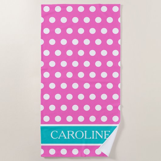 Serviette De Plage Aqua rose et Polka blanc point personnalisé (Devant)