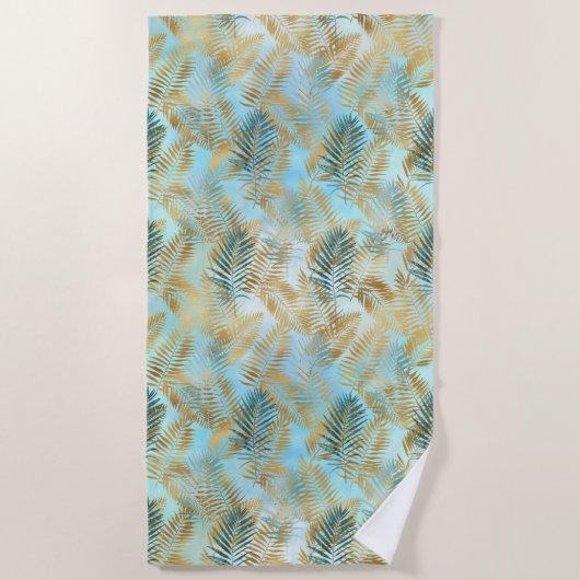 Serviette De Plage Aqua Sky Green Gold Feuilles tropicaux (Devant)