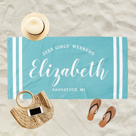 Serviette De Plage Aqua Stripe Filles Weekend Monogramme