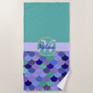 Serviette De Plage Aqua Turquoise & Purple Fumaid Scales Monogramme +