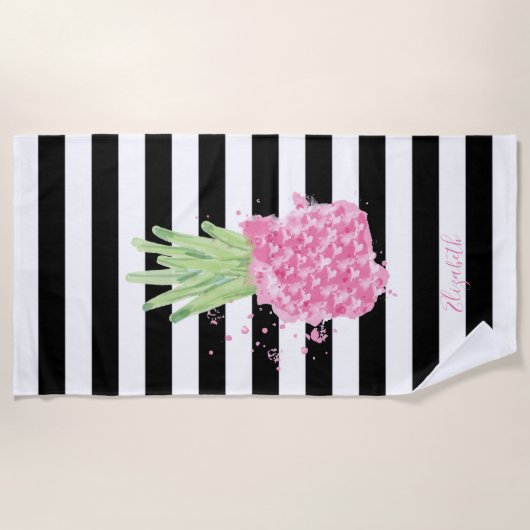 Serviette De Plage Aquarelle Ananas rose, Blancs noirs (Devant)