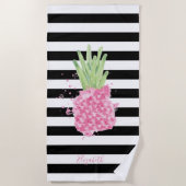 Serviette De Plage Aquarelle Ananas rose, Blancs noirs (Devant)
