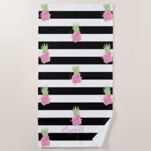 Serviette De Plage Aquarelle Ananas Roses, Rayures Noir Blanc