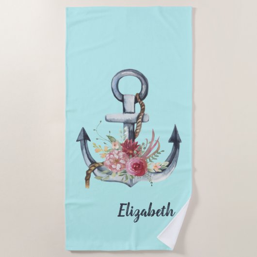 Serviette De Plage Aquarelle Ancre marine florale (Devant)
