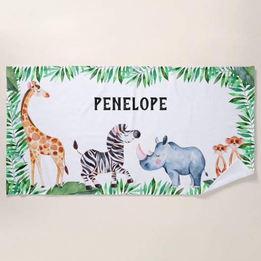 Serviette De Plage Aquarelle animale personnalisée de safari (Devant)
