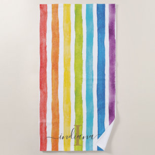 Serviette De Plage Aquarelle arc-en-ciel Rayures monographiques Perso