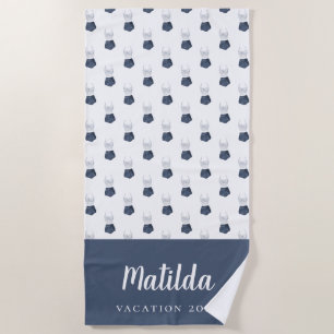 Serviette De Plage Aquarelle bikini bleu et blanc plage personnalisée
