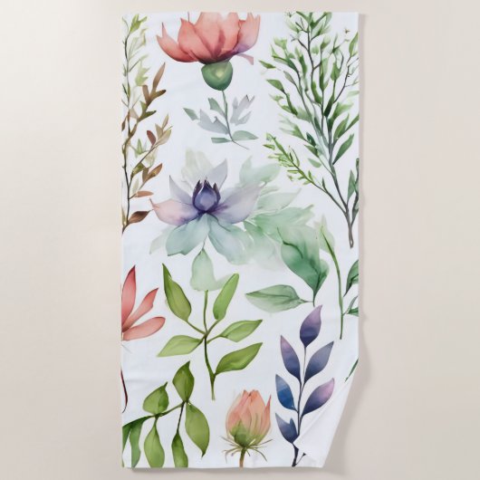 Serviette De Plage Aquarelle blanche Jardin botanique floral (Devant)