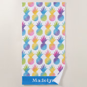 Serviette De Plage Aquarelle bleu ananas tropicale Nom personnalisé (Devant)
