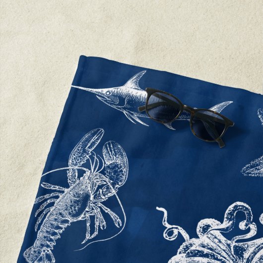 Serviette De Plage Aquarelle bleu marine Océan Animaux marins Monogra (En situation)