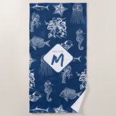 Serviette De Plage Aquarelle bleu marine Océan Animaux marins Monogra (Devant)