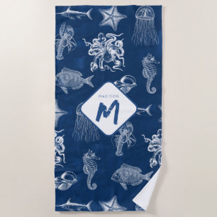 Serviette De Plage Aquarelle bleu marine Océan Animaux marins Monogra