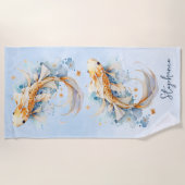 Serviette De Plage Aquarelle bleu or Koi poisson personnalisé (Devant)