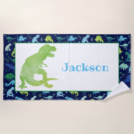 Serviette De Plage Aquarelle bleue Dinosaure Personnalisée T-Rex (Devant)