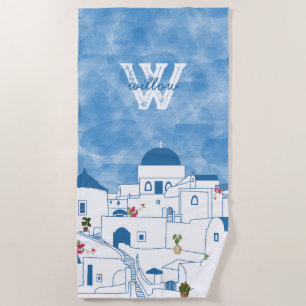 Serviette De Plage Aquarelle bleue et blanche Santorin Grèce Monogram