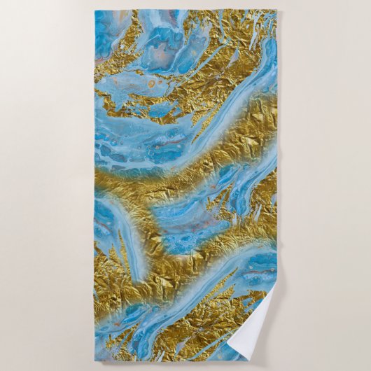 Serviette De Plage Aquarelle bleue Marbre et or Foil (Devant)