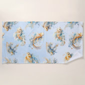 Serviette De Plage Aquarelle bleue Or Koi Poisson Floral (Devant)