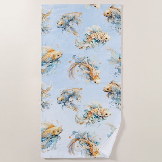 Serviette De Plage Aquarelle bleue Or Koi Poisson Floral (Devant)