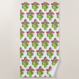 Serviette De Plage Aquarelle Cactus Art Mustache Casquette Yeux verts