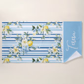 Serviette De Plage Aquarelle Citron Bleu Bleu Blancs (Devant)