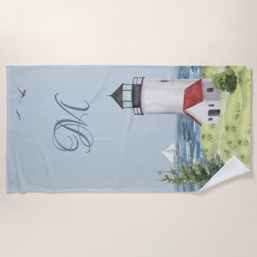 Serviette De Plage Aquarelle Coastère Beach Sand Lighthouse Monogramm (Devant)