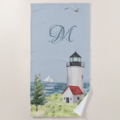 Serviette De Plage Aquarelle Coastère Beach Sand Lighthouse Monogramm (Devant)