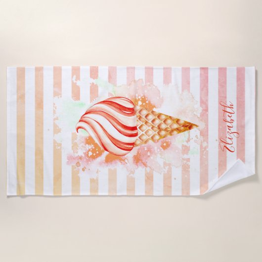 Serviette De Plage Aquarelle Cool Crème glacée Bandes roses (Devant)