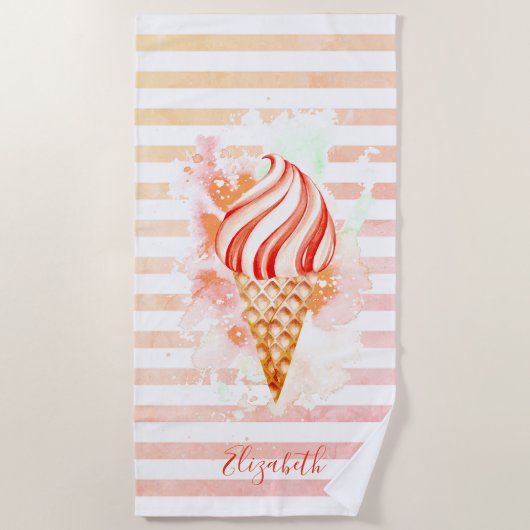 Serviette De Plage Aquarelle Cool Crème glacée Bandes roses (Devant)