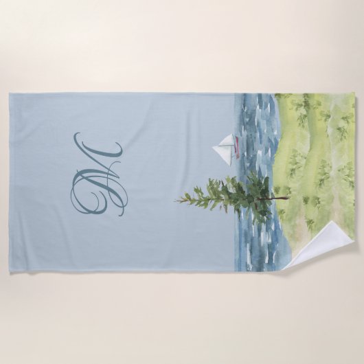 Serviette De Plage Aquarelle Côte Plage Sable Voilier Monogramme (Devant)
