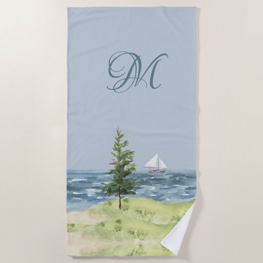 Serviette De Plage Aquarelle Côte Plage Sable Voilier Monogramme (Devant)