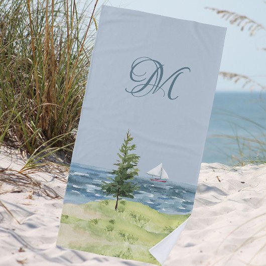 Serviette De Plage Aquarelle Côte Plage Sable Voilier Monogramme