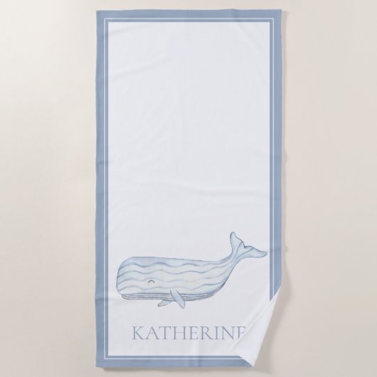 Serviette De Plage Aquarelle côtière Baleine bleue Personnalisée (Devant)