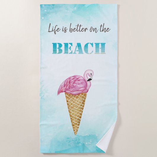 Serviette De Plage Aquarelle Crème glacée Flamants roses roses (Devant)