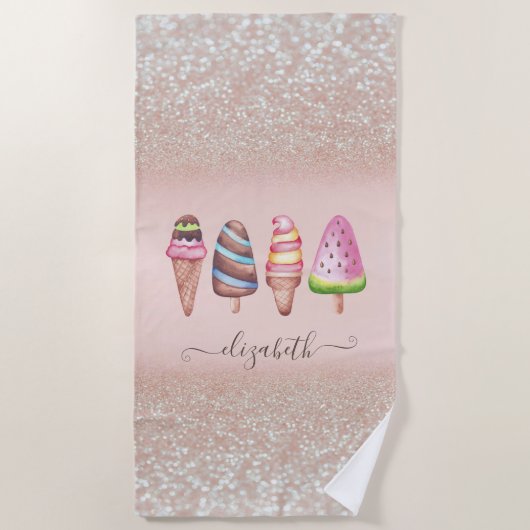 Serviette De Plage Aquarelle crème glacée Parties scintillant Bokeh (Devant)