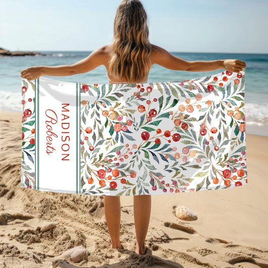 Serviette De Plage Aquarelle de Noël Floral Personnalisé
